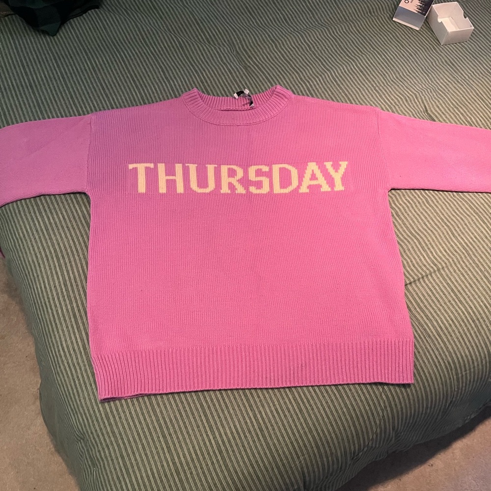 English Factory Day of the Week “Thursday” pink/purple cree neck sweater